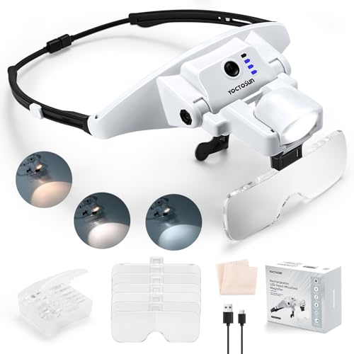 YOCTOSUN Magnifying Glass with Light Rechargeable Headband Magnifier with 6 Lenses 1.0X4.0X Magnifying Headset with 3 Light Colors Hands-Free LED Head Magnifier Glasses for Crafts Sewing Jewelry