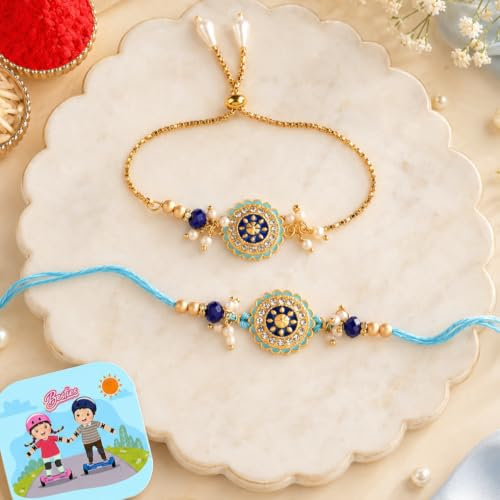 Image of CraftVatika Rakhi Gift Combo Set for Brother and Bhabhi, Bhaiya Bhabhi Rakhi Set, Premium Rakhis for Rakshabandhan Gift Combo, Couple Pair with Best Wishes Card and Tillak Set, Fridge Magnet Gift