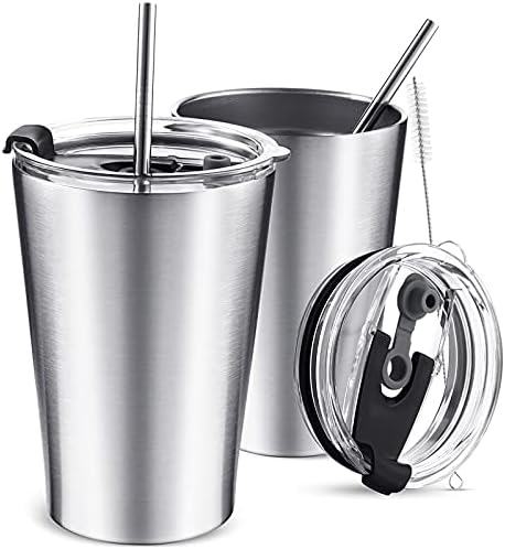 12 oz Stainless Steel Insulated Tumbler Kids Tumbler with Leak Proof Lid and Straw, Metal Cleaning Brush, Vacuum Insulated Double Wall Reusable Coffee Cup Travel Mug (2 Pieces)