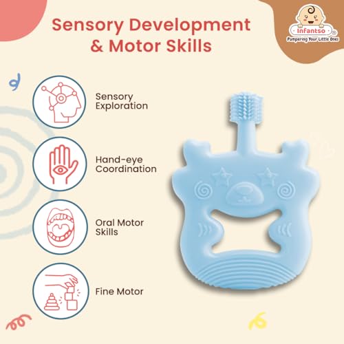 Image of Infantso BPA Free Baby Teething Toy for Babies 0-6 Months Food Grade BPA Free Teethers for Newborn Infant, Soft Silicone Teether Toys for Toddlers, Relief Gingival Pain (Blue Bear)