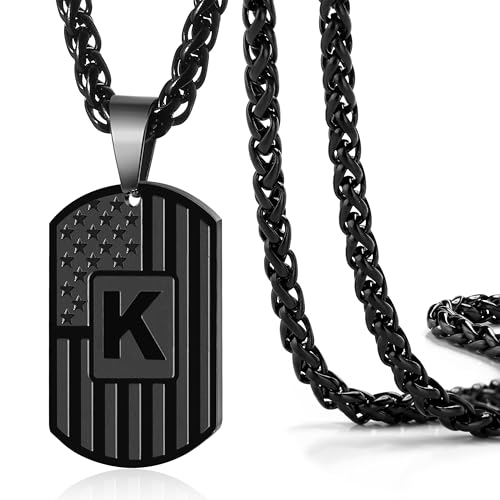 DuoDiner Initial Letter Pendant Necklace for Men Boys Dad A-Z Capital Letter American Flag Dog Tag Necklace 24 Inches Stainless Steel Mens Chain Birthday Gifts for Men Women Teens (Letter K Black)