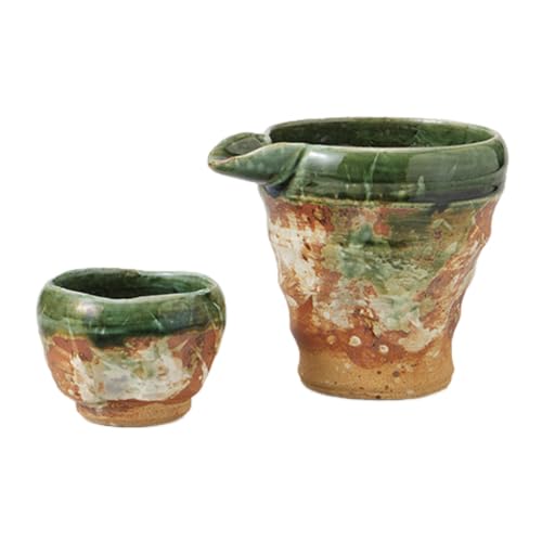 エールネット(Ale-net) 酒器セット 徳利 おちょこ セット 織部荒刷毛 冷酒器 徳利 & 盃 (2個付) セット 陶器 美濃焼 冷酒器 熱燗 日本酒 酒器 とっくり 日本製