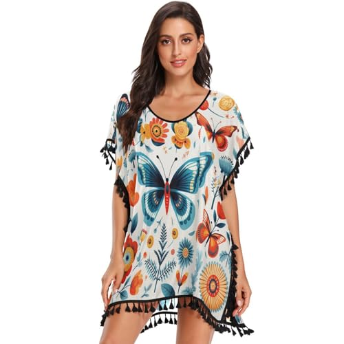 Butterfly Flowers Cartoon Art Women's Beach Cover Up Chiffon Tassel Swimwear Swimsuit Coverups for Girl