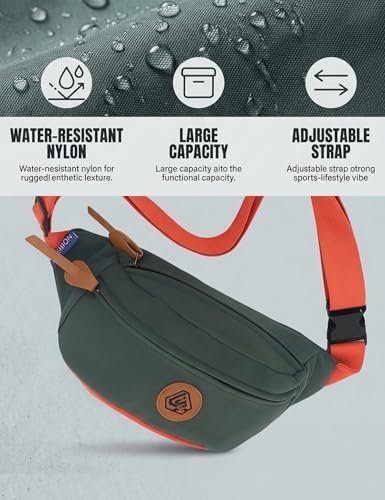Image of Venzina Unisex Crossbody Bag, Water-Resistant Nylon Sports Waist Pack & Fanny Pack with Adjustable Strap, Large Capacity Hands-Free Bag for Running, Hiking, Travel, Gym & Everyday Carry- Green