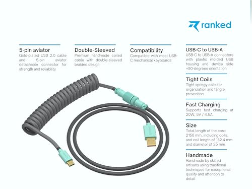 Image of Ranked Coiled Keyboard Cable | Handcrafted Double-Sleeved Braided Cable | USB Type C to A | 5-Pin Aviator Connector for Custom Mechanical Gaming Keyboard | Support Fast Charge 20W (Dolch)