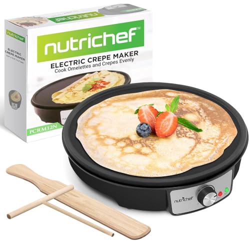 Nutrichef Electric Crepe Maker & Griddle Cooktop - Nonstick 12 Inch Aluminum Hot Plate with LED Indicator Lights & Adjustable Temperature Control - Wooden Spatula & Batter Spreader Included