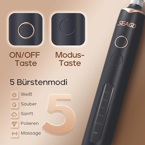 Seago Elektrische Zahnbürste mit 8 Runder Aufsteckbürsten, Rotierende Zahnbürste mit 5 Putzmodi, Elektrische Schallzahnbürste Zahnaufhellung in 14 Tagen, für Erwachsene Kinder(Schwarz) – Bild 5