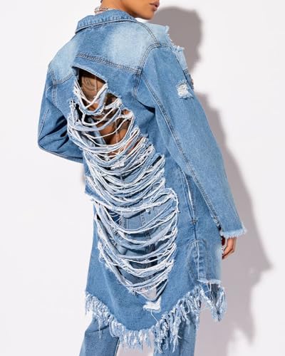 Women Distressed Raw Hem High Low Tassel Boyfriend Maxi Long Denim Jacket Ripped Long Sleeve Trench Jean Coat4
