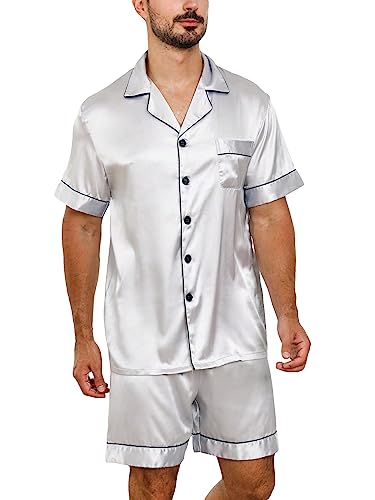 WDIRARA Men's Sleepwear Contrast Binding Button Front Short Sleeve Shirt and Shorts Satin Pajama Set