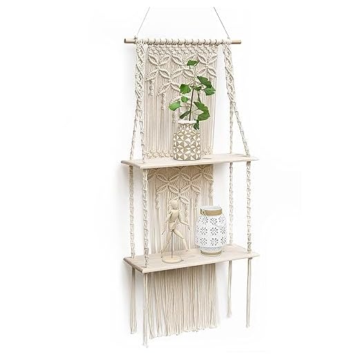 SUMGAR Vägghylla, trä, makramé, vägghängande hylla, vägg, boho, dekoration, svävande hylla, tofs, handvävd naturligt drivträ, hängande hylla, chic, flytande hyllor för vardagsrum, sovrum, dubbla lager