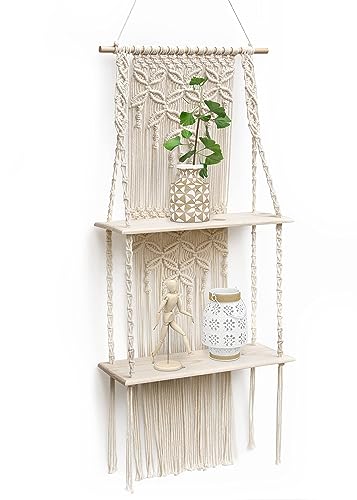 SUMGAR Wandregal Holz Makramee Wandbehang Regal Wand Boho Deko Schweberegal Quaste Handgewebte Natürliches Treibholz Hängeregal Chic Schwimmende Regale Für Wohnzimmer (Upgrade)