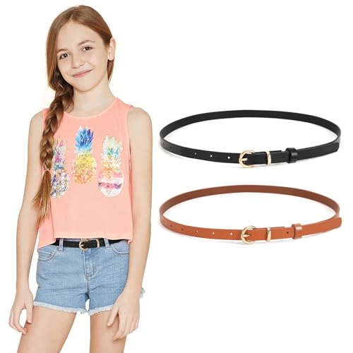 WHIPPY 2 Pack Belts for Girls Kids Skinny Belts Thin Leather Waist Belt with Alloy Pin Buckle for Pants Jeans Dresses, Black/Brown, Fits Waist 25