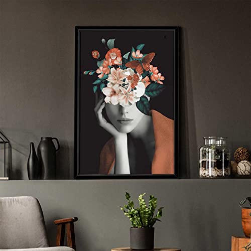 Image of PAINTINGMANTRA Masala Brown Girl & Flower Bouquet Black Framed Canvas Print for Wall, Home and Living Room Decoration (Size - 23 x 17 Inchs)