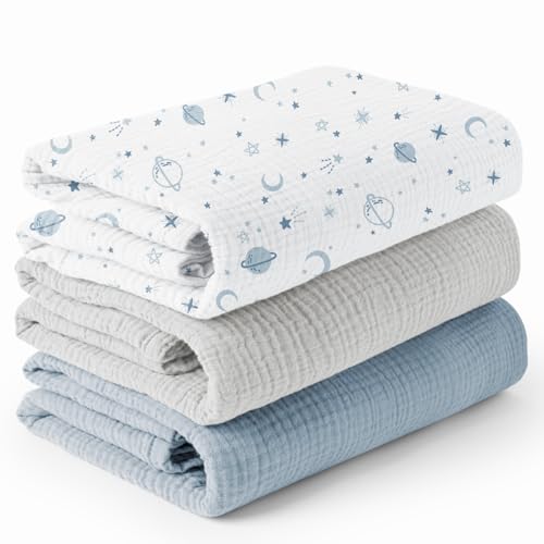 Image of Konssy 3 Pack Muslin Swaddle Blankets for Unisex, Newborn Receiving Blanket, Large 47 x 47 inches, Soft Breathable Muslin Baby Swaddles for Boys & Girls