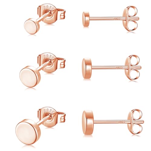 GULICX 3 pares de aretes de plata para mujeres, hombres y niñas, hipoalergénicos, de plata de ley 925, con pequeños puntos planos, unisex, pequeños, redondos, para cartílago y tragus, tamaño: 3/4/5