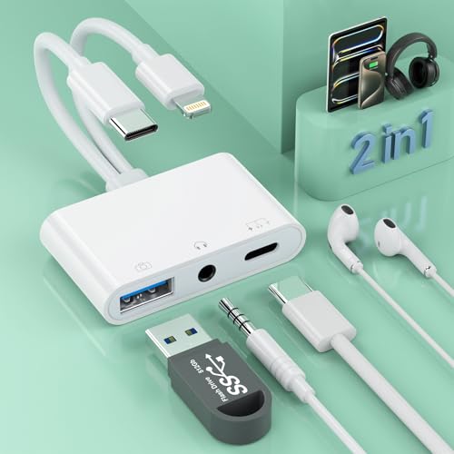 2-in-3 Lightning + USB C to 3.5mm Aux Audio Headphone