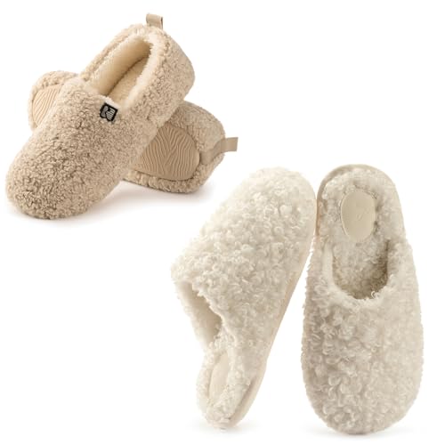 RockDove Set of 2 Pairs - Women's Size 9, Faux Shearling Closed Back Slipper (Beige) Twirl Fleece Fuzzy House Scuff (Pearl White)