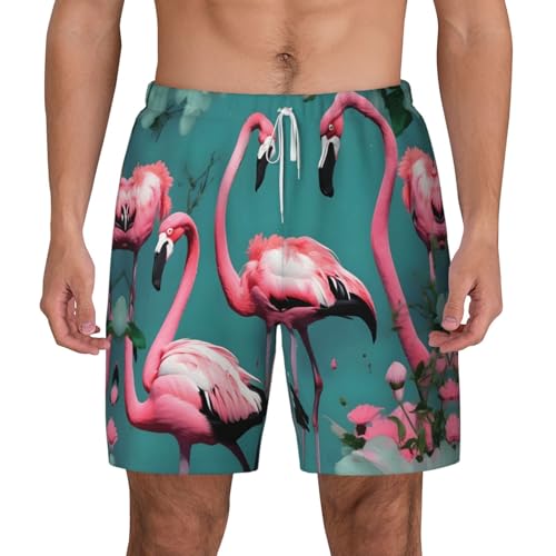 Flamingo Flowers Print Mens Swim Shorts Trunks Inseam Compression Liner Quick Dry Zipper Pocket
