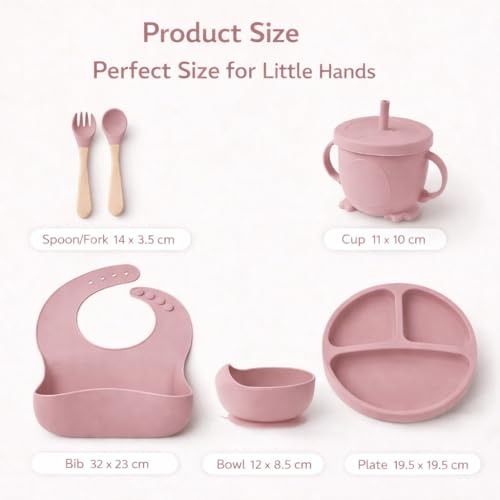 Image of 6 Pcs Silicone Baby Feeding Set | BPA-Free Baby Dinner Set with Suction Plate, Bowl, Bib, Cup, Spoon & Fork | Microwave & Dishwasher Safe | 6+ Months (Pink)