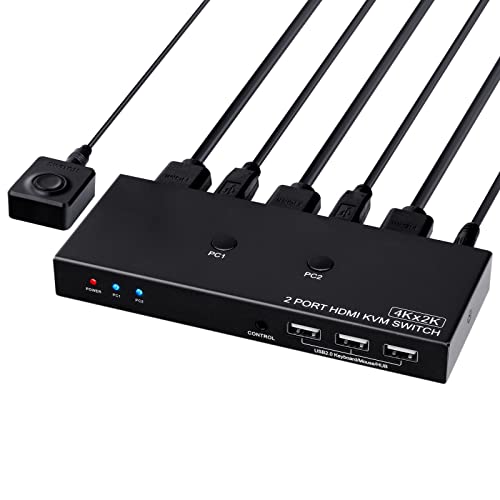 HDMI KVM Switch 2 Puertos, 4K@60Hz Conmutador USB KVM HDMI para 2 PC Compartir 1 Monitor Teclado Ratón Impresora Escáner, Soporte RGB 4:4:4 HDCP, con 2 Cables USB Cover