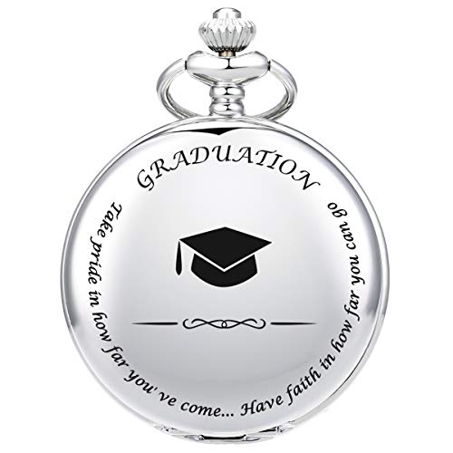SIBOSUN Pocket Watch Graduation Gifts for Him | Her - Engraved ‘Graduation’ for College/High School Graduation Perfect Personalized Graduation Present for Son Daughter for Classmates Engraving Sliver