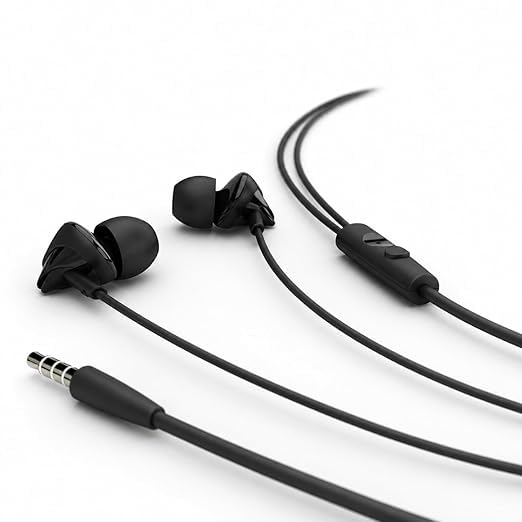 Image of Wired Earphones Compatible with Boat BassHeads 100, Mic for Calls, Deep Bass Audio, Tangle-Free Cable, Black