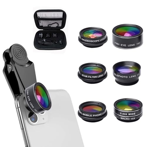 XFSRG 7 en 1 Teleobjetivo Movil Universal Ojo de Pez 198° Gran Angular Macro Retrato Caleidoscopio Filtro CPL Star para la Mayoría de Smartphone