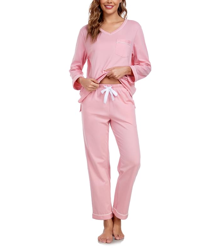 COLORFULLEAF Pijama largo para mujer, 100% algodón, pijama de dos piezas, cuello en V, ropa de dormir de manga larga