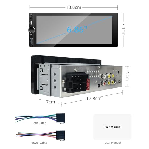 【Type-C&USB】 Single-Din-Car-Radio with Wireless-Apple-Carplay & Android-Auto,Carplay Screen for Car,6.86 Inch Touchscreen,Bluetooth Handsfree, Backup Camera, FM Radio