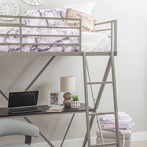 Z-Bedroom Metal Pewter Powder Coated Twin Size Loft Study Bunk Bed With Computer Desk By Powell #TOP3