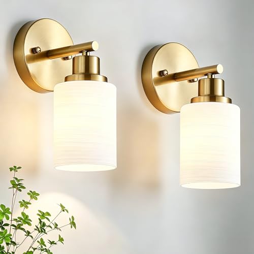 Image of 2-Pack, 1-Light Vanity Lights, Brushed Gold Bathroom Light Fixture with Textured Milky White Glass Shade, E26 Modern Vanity Lighting Fixture for Bathroom Wall Sconce
