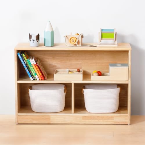 Image of OOOK Rubber Wood 3-Compartment Wooden Storage Cabinet, 35.4 inch L, 2-Tier Toy Organizers and Storage, Montessori Shelf for Kids Room, Playroom, Nursery, Classroom, Kindergarten