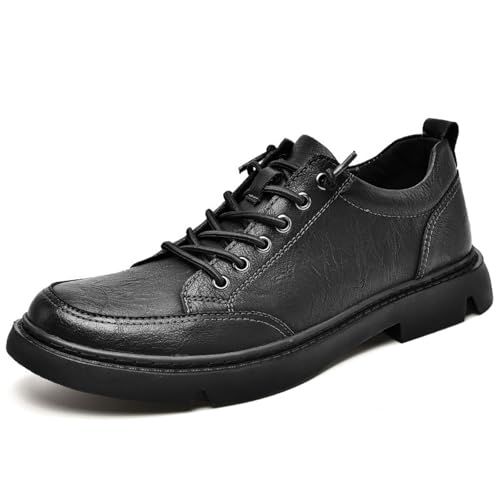Men's Genuine Leather Retro Chunky Heel Oxfords Fashion Comfort Round Toe Non-Slip Platform Business Formal Lace-Up Shoes