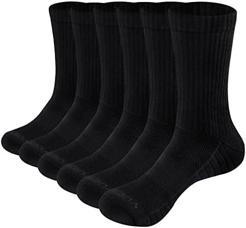 YUEDGE Workout Training Athletic Sports Socks For Mens Size 10-13 Moisture Wicking Combed Cotton Black Cushioned Crew Socks, 6 Pairs