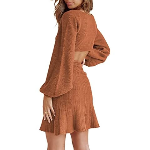 THANTH Women's Elegant Cutout Backless Short Sweater Dress Drawstring Lantern Long Sleeve Ruffle A-line Knit Mini Dresses Caramel S Cover