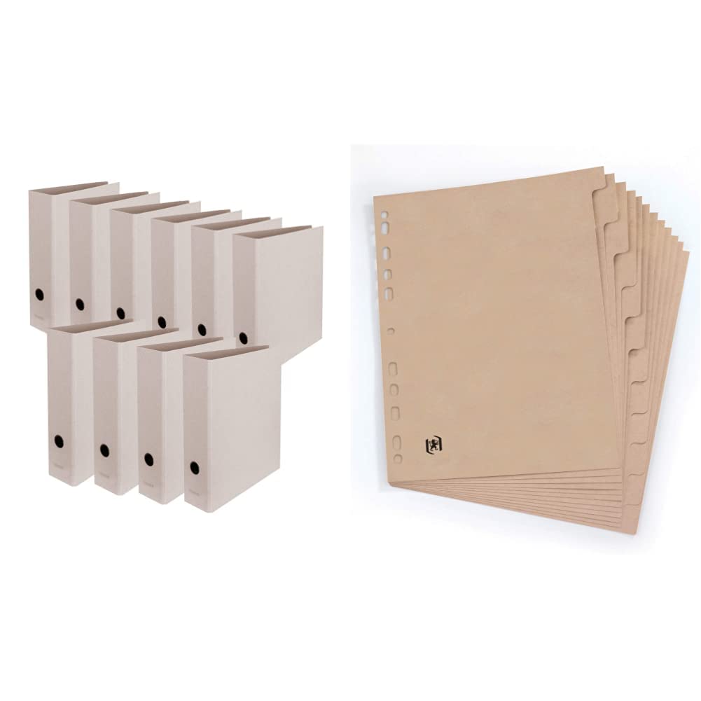 Original Falken 10er Pack Vegan-Ordner Pure Raw. Made in Germany. 8 cm breit DIN A4 Grau Aktenordner & Oxford Touareg Register, DIN A4, Recycling-Karton, 12 Taben, beige