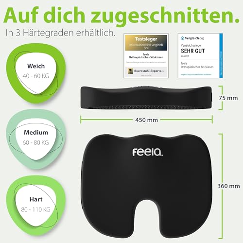 Foto von feela.® Orthopädisches Sitzkissen [3 Härtegrade] TESTSIEGER – Ergonomisches Sitzkissen für Bürostuhl & Auto – Schmerzlindernd, Steißbein entlastend, Sitzkomfort & Durchblutung fördernd (Hart)