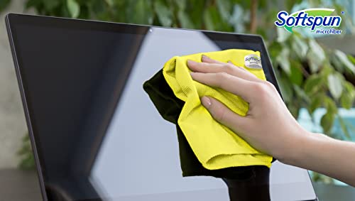 Image of SOFTSPUN Microfiber Cleaning Cloths, 40X60 cms 5 pcs Towel Set 340 GSM Yellow. Highly Absorbent Lint and Streak Free Multipurpose Wash Cloth for Kitchen Car Window Stainless Steel Silverware.