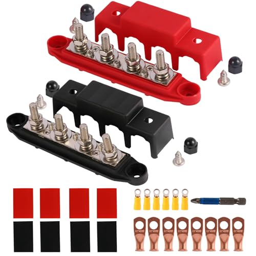 2 piezas 12V-48V DC Busbar bloque de distribución 250A BusBar con 4 x M8 pernos terminales, fácil de utilizar bloque de distribución de energía para RV Yate Barco (Negro Rojo)