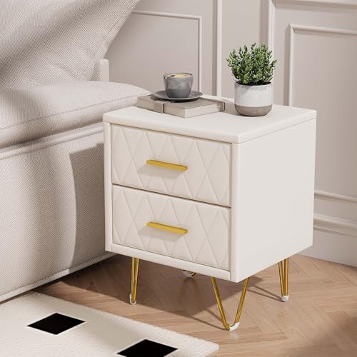 HYNHXBP Lot de 2 Tables de Chevet 40x35x51 cm, Meuble de Nuit en Simili Cuir Beige avec 2 Tiroirs,...