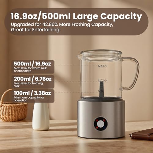 Image of Detachable Milk Frother, 4 in 1 Milk Frother and Steamer, Dishwasher Safe, Glass Frother 16.9oz Warm and Cold Foam Maker, Electric Milk Frother for Coffee, Latte, Hot Chocolate (Silver)