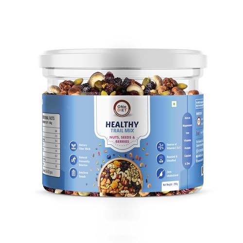 Image of OneDiet Healthy Trail Mix - Mix of 14 Nuts, Seeds & Berries| Almonds, Cashews, Pistachios, Raisins, Blueberries, Cranberries, Pumpkin Seeds, Amla, Chia Seeds | 200g