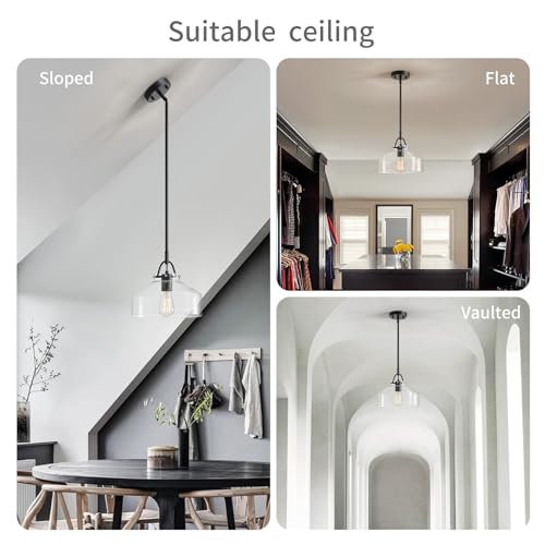 Image of WUZUPS Chandelier Rustic Farmhouse Industrial Round Ceiling Pendant LED Light Fixture with Clear Glass Shades for Dining Room Kitchen Island Foyer Entryway, H 9.4 inch x W 10.6 inch, E26 Base, Black