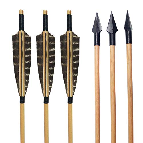 31インチ アーチェリー矢 狩猟 木製 矢 弓矢 弓道練習 初心者 アローポイント 8mm アロー 木矢 矢尻 威力 矢羽根 的 弓道用品 弓道具 伝統弓 (黒白、矢尻2, 6本)