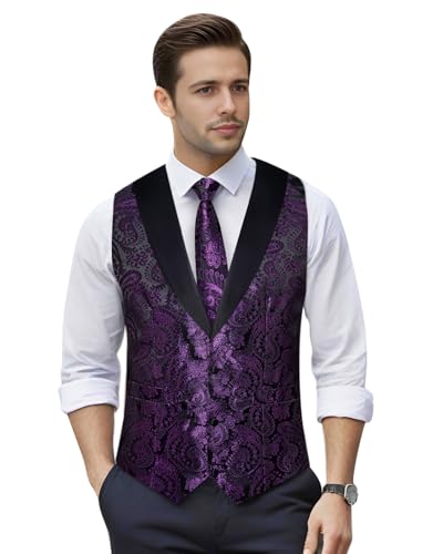 Image of DiBanGu Mens Paisley Suit Vest Silk Jacquard Waistcoat and Necktie Set Formal Shawl Collar Dress Vest 7PCS for Wedding Party