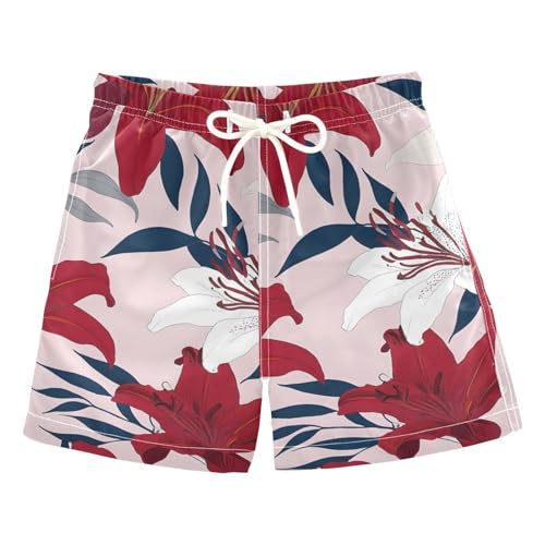 FLildon Hawaiian Floral Red White Little Boys Swim Trunks with Mesh Lining Quick Dry Beach Board Shorts, 3T