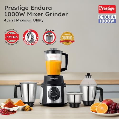 Prestige Endura 1000 Watt Mixer Grinder with 4 Jars | Heavy-Duty Ball Bearing Copper Motor | 3 Stainless Steel + 1 Juicer | Super Efficient SS Blades | Black | 5Y Motor Warranty view 2