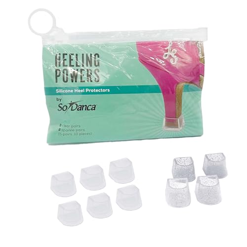 SoDanca Silicone Heel Protectors for Ballroom Shoes, 3 Clear Pairs, 2 Sparkle Pairs, Compatible with SoDanca Ballroom Shoes Only