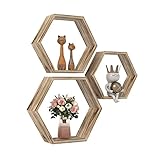 AWTATOS Juego de 3 estantes flotantes hexagonales para montaje en pared, grandes, medianos y pequeños, estantes de casa de campo, vintage, para dormitorio, salón, oficina, natural UHFS03N