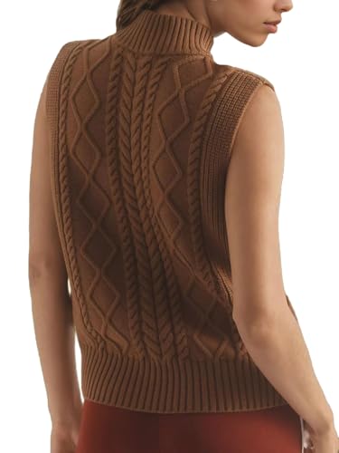 Image of Women's Casual Mock Neck Sleeveless Work Office Sweater Tanks Vintage Cable Rhomboid Knitted Pullovers Vest